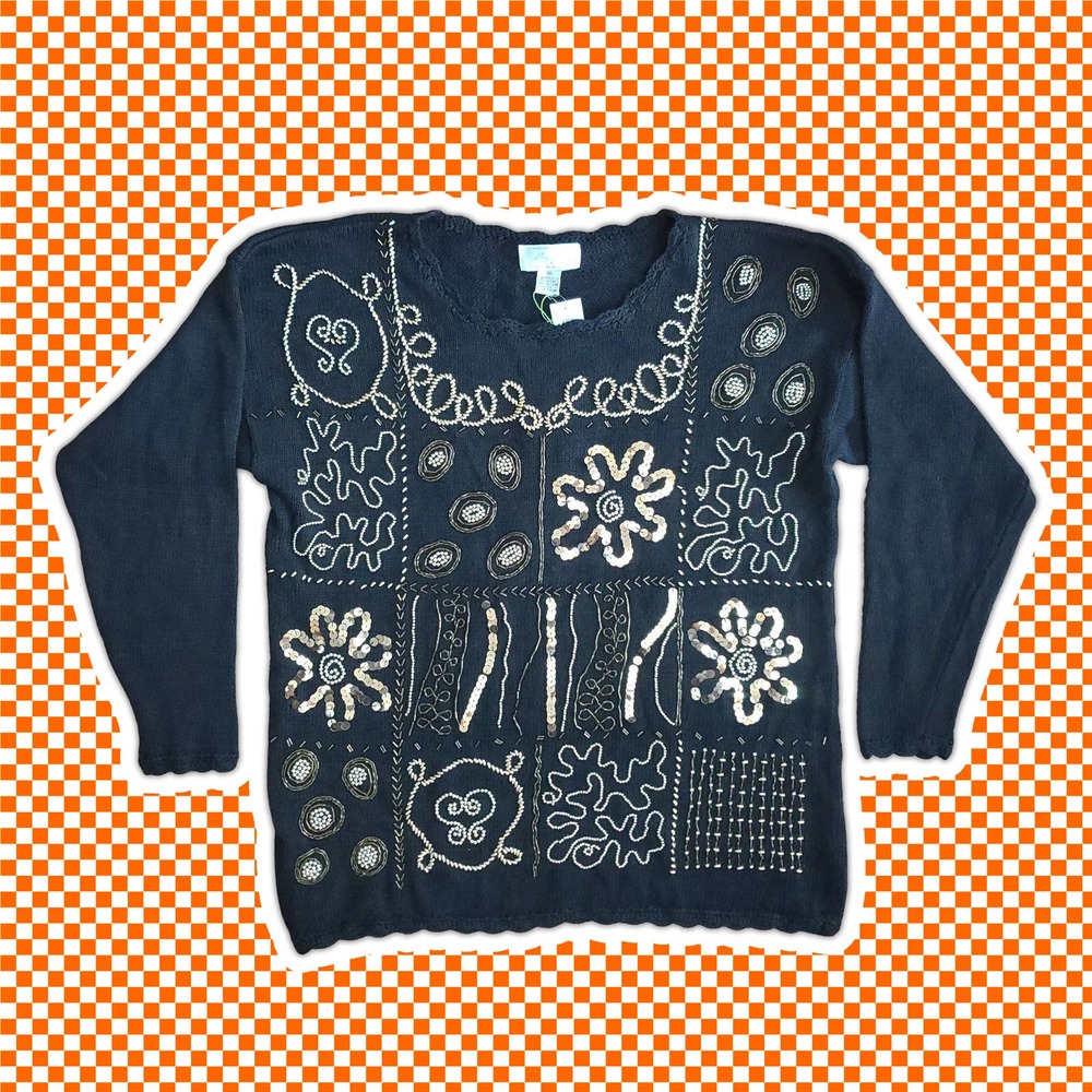 VTG 80s Beaded and Sequined Gold and Black Knit Sweater Sz M Margules Sz M
